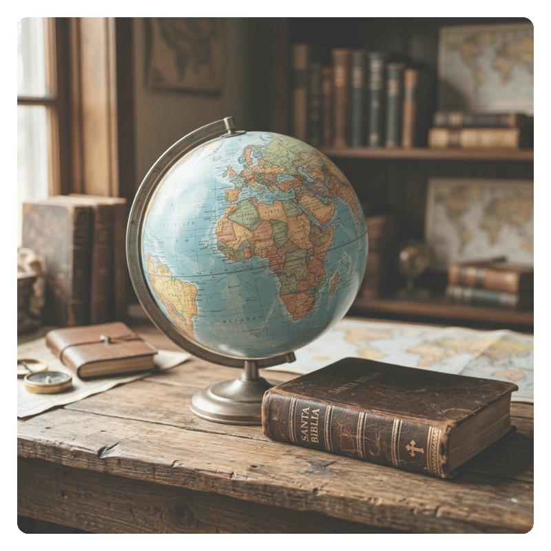 Globo terráqueo junto a una Biblia, como símbolo de las misiones cristianas