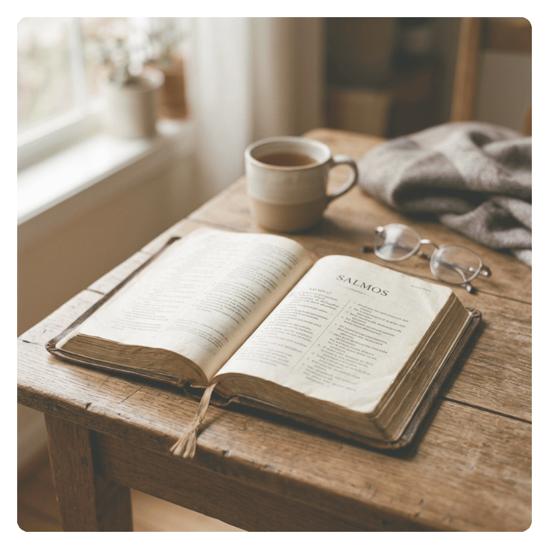Biblia abierta sobre una mesa con luz natural para la lectura y meditación de los Salmos