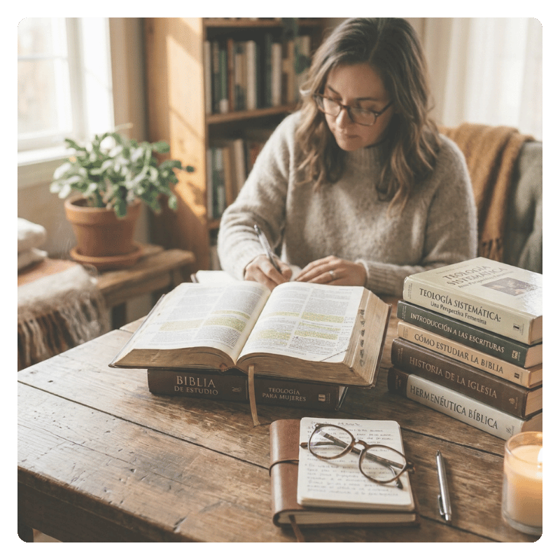 Biblia y libros de estudio teológico sobre un escritorio