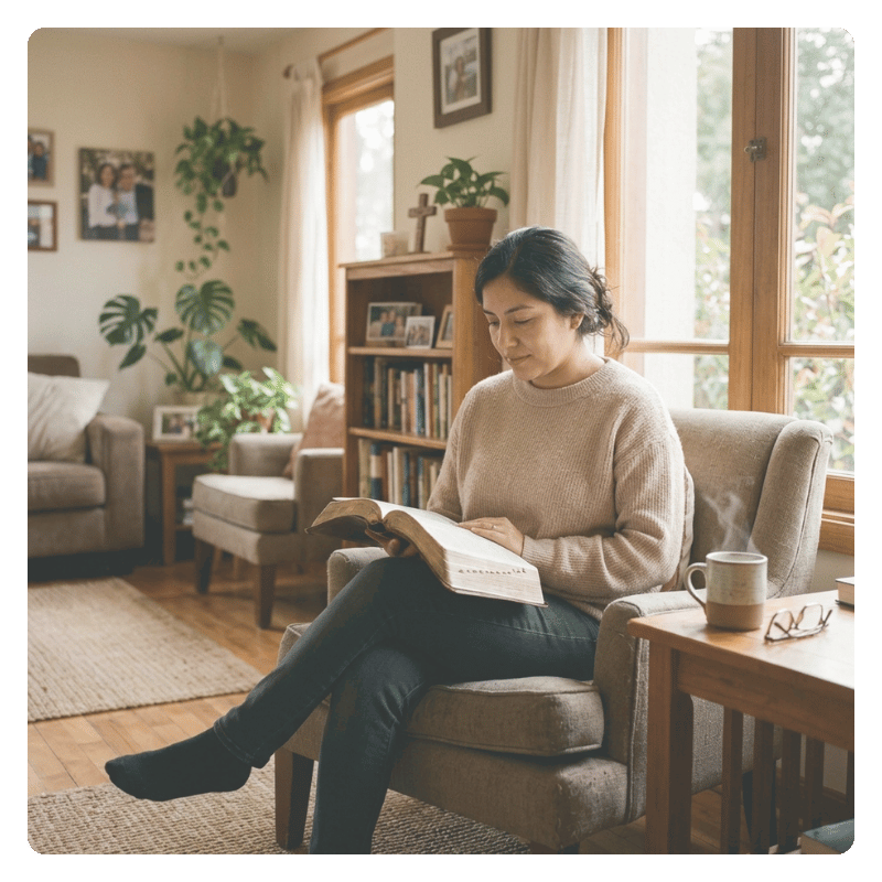 Mujer leyendo la Biblia durante un tiempo de reflexión